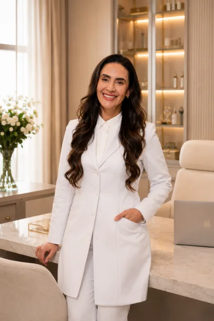 Dra. Ryuza Gonçalves em pé, de terno branco, em consultório premium